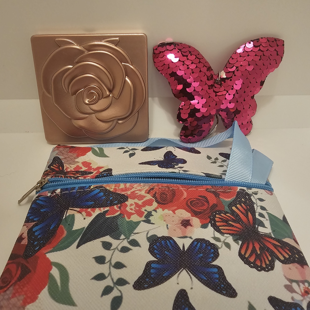 Floral Butterfly Pouch with Rose Gold Compact Mirror And Butterfly Keycharms